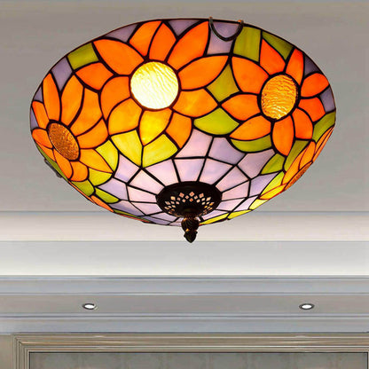 Blue/White Sunflower Lighting Fixture Tiffany 2/3 Bulbs 12"/16" W Multicolored Stained Glass Flush Mount Ceiling Light Blue 12" Clearhalo 'Ceiling Lights' 'Close To Ceiling Lights' 'Close to ceiling' 'Flush mount' Lighting' 295938
