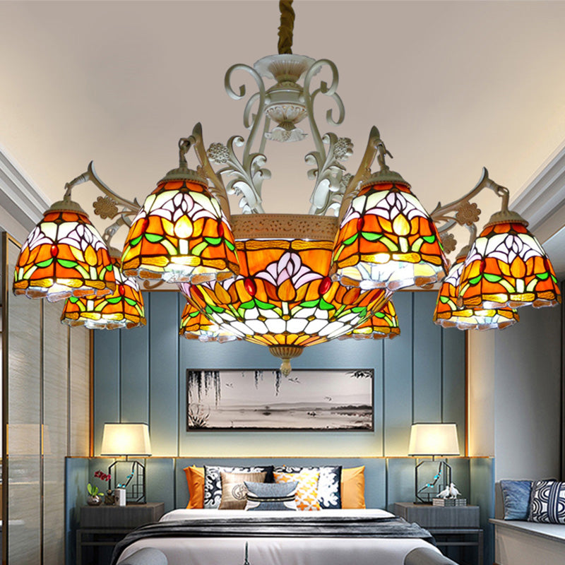 Dome Chandelier 9/11 Lights Stained Glass Mediterranean Hanging Pendant Light in Distressed White Clearhalo 'Ceiling Lights' 'Chandeliers' 'Close To Ceiling Lights' 'Industrial' 'Middle Century Chandeliers' 'Tiffany Chandeliers' 'Tiffany close to ceiling' 'Tiffany' Lighting' 295956