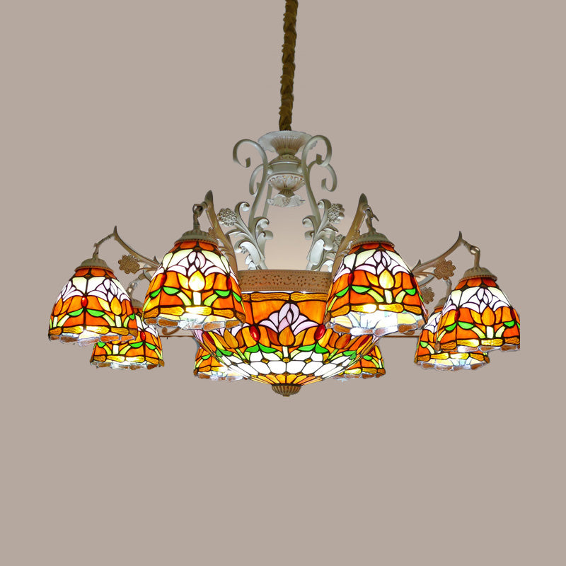 Dome Chandelier 9/11 Lights Stained Glass Mediterranean Hanging Pendant Light in Distressed White Clearhalo 'Ceiling Lights' 'Chandeliers' 'Close To Ceiling Lights' 'Industrial' 'Middle Century Chandeliers' 'Tiffany Chandeliers' 'Tiffany close to ceiling' 'Tiffany' Lighting' 295957