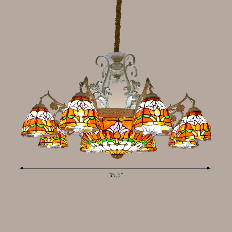 Dome Chandelier 9/11 Lights Stained Glass Mediterranean Hanging Pendant Light in Distressed White Clearhalo 'Ceiling Lights' 'Chandeliers' 'Close To Ceiling Lights' 'Industrial' 'Middle Century Chandeliers' 'Tiffany Chandeliers' 'Tiffany close to ceiling' 'Tiffany' Lighting' 295958
