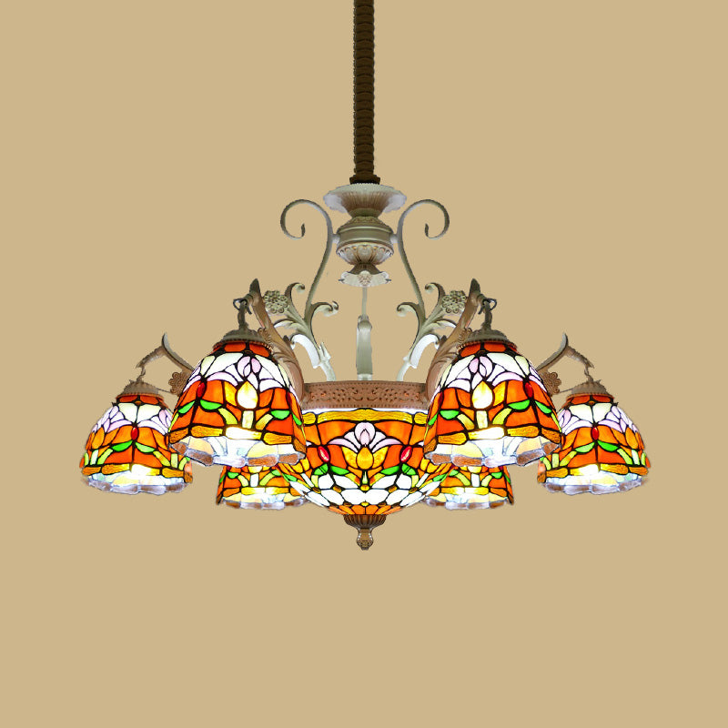 Dome Chandelier 9/11 Lights Stained Glass Mediterranean Hanging Pendant Light in Distressed White Clearhalo 'Ceiling Lights' 'Chandeliers' 'Close To Ceiling Lights' 'Industrial' 'Middle Century Chandeliers' 'Tiffany Chandeliers' 'Tiffany close to ceiling' 'Tiffany' Lighting' 295960