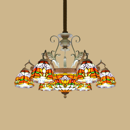 Dome Chandelier 9/11 Lights Stained Glass Mediterranean Hanging Pendant Light in Distressed White Clearhalo 'Ceiling Lights' 'Chandeliers' 'Close To Ceiling Lights' 'Industrial' 'Middle Century Chandeliers' 'Tiffany Chandeliers' 'Tiffany close to ceiling' 'Tiffany' Lighting' 295960