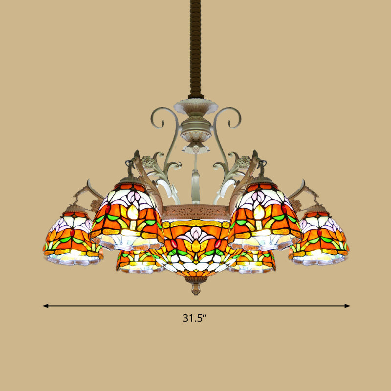 Dome Chandelier 9/11 Lights Stained Glass Mediterranean Hanging Pendant Light in Distressed White Clearhalo 'Ceiling Lights' 'Chandeliers' 'Close To Ceiling Lights' 'Industrial' 'Middle Century Chandeliers' 'Tiffany Chandeliers' 'Tiffany close to ceiling' 'Tiffany' Lighting' 295961