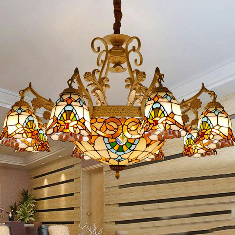 Flower Chandelier Light Tiffany Stained Glass 9/11 Lights White and Gold Suspension Lighting Clearhalo 'Ceiling Lights' 'Chandeliers' 'Industrial' 'Middle Century Chandeliers' 'Tiffany Chandeliers' 'Tiffany close to ceiling' 'Tiffany' Lighting' 295963