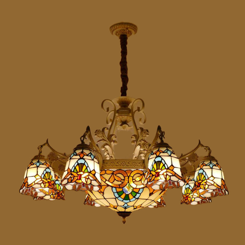 Flower Chandelier Light Tiffany Stained Glass 9/11 Lights White and Gold Suspension Lighting Clearhalo 'Ceiling Lights' 'Chandeliers' 'Industrial' 'Middle Century Chandeliers' 'Tiffany Chandeliers' 'Tiffany close to ceiling' 'Tiffany' Lighting' 295964