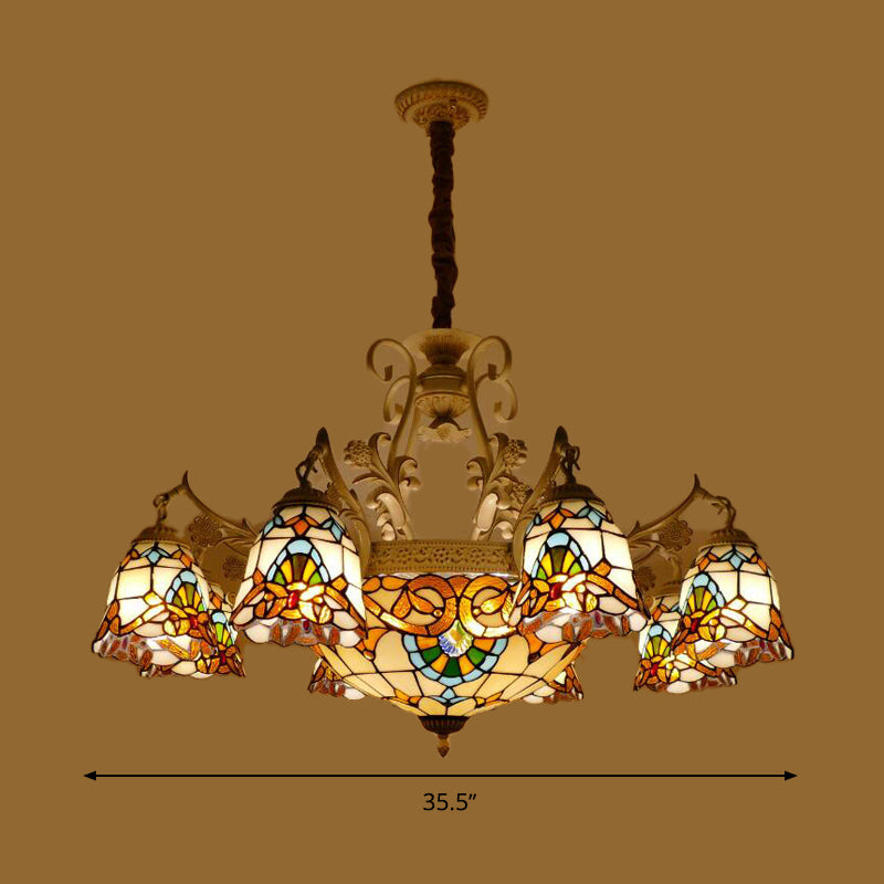 Flower Chandelier Light Tiffany Stained Glass 9/11 Lights White and Gold Suspension Lighting Clearhalo 'Ceiling Lights' 'Chandeliers' 'Industrial' 'Middle Century Chandeliers' 'Tiffany Chandeliers' 'Tiffany close to ceiling' 'Tiffany' Lighting' 295965