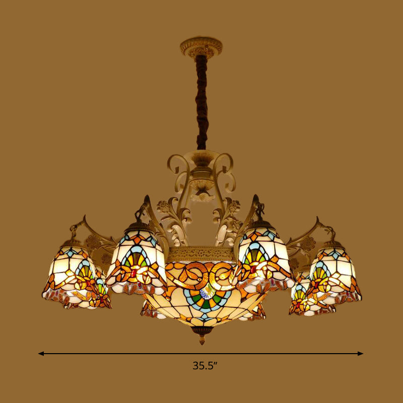 Flower Chandelier Light Tiffany Stained Glass 9/11 Lights White and Gold Suspension Lighting Clearhalo 'Ceiling Lights' 'Chandeliers' 'Industrial' 'Middle Century Chandeliers' 'Tiffany Chandeliers' 'Tiffany close to ceiling' 'Tiffany' Lighting' 295965