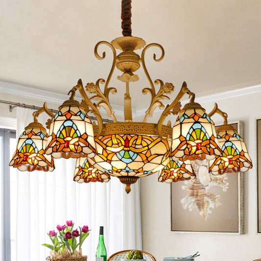 Flower Chandelier Light Tiffany Stained Glass 9/11 Lights White and Gold Suspension Lighting 9 White-Gold Clearhalo 'Ceiling Lights' 'Chandeliers' 'Industrial' 'Middle Century Chandeliers' 'Tiffany Chandeliers' 'Tiffany close to ceiling' 'Tiffany' Lighting' 295966
