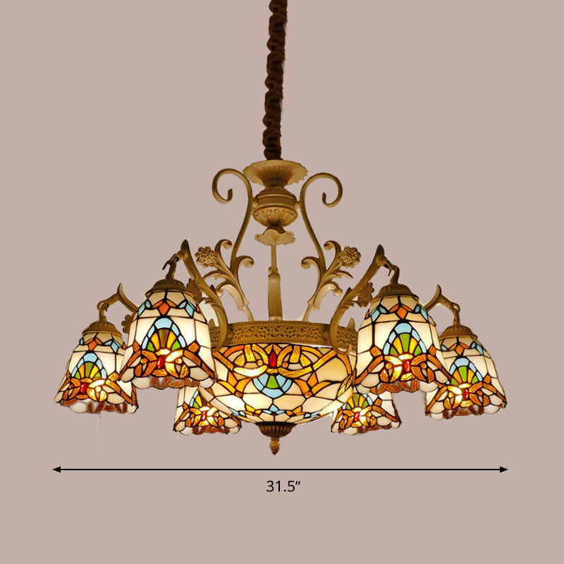Flower Chandelier Light Tiffany Stained Glass 9/11 Lights White and Gold Suspension Lighting Clearhalo 'Ceiling Lights' 'Chandeliers' 'Industrial' 'Middle Century Chandeliers' 'Tiffany Chandeliers' 'Tiffany close to ceiling' 'Tiffany' Lighting' 295968
