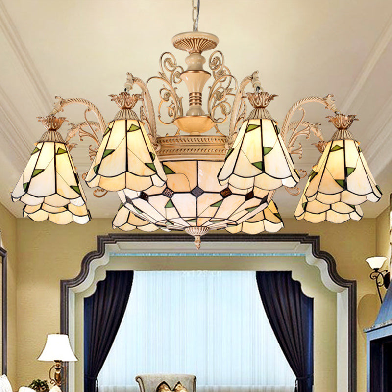 Baroque Conical Chandelier Lighting 9/11 Lights Cut Glass Hanging Light Fixture in White and Gold 11 White-Gold Clearhalo 'Ceiling Lights' 'Chandeliers' 'Industrial' 'Middle Century Chandeliers' 'Tiffany Chandeliers' 'Tiffany close to ceiling' 'Tiffany' Lighting' 295973