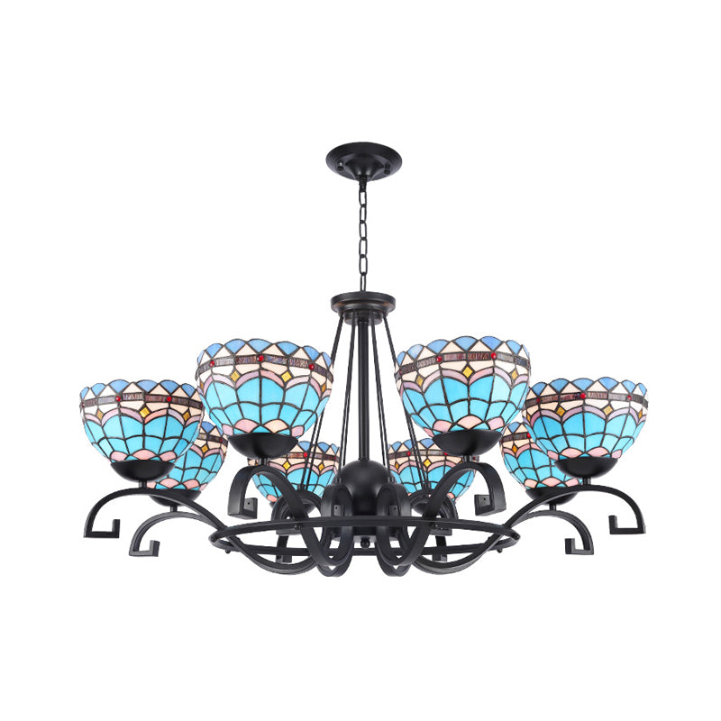 Dome Hanging Chandelier 3/6/8 Lights Blue/Blue and Clear Glass Baroque Ceiling Pendant for Living Room, 25"/29"/36.5" W Clearhalo 'Ceiling Lights' 'Chandeliers' 'Industrial' 'Middle Century Chandeliers' 'Tiffany Chandeliers' 'Tiffany close to ceiling' 'Tiffany' Lighting' 295983