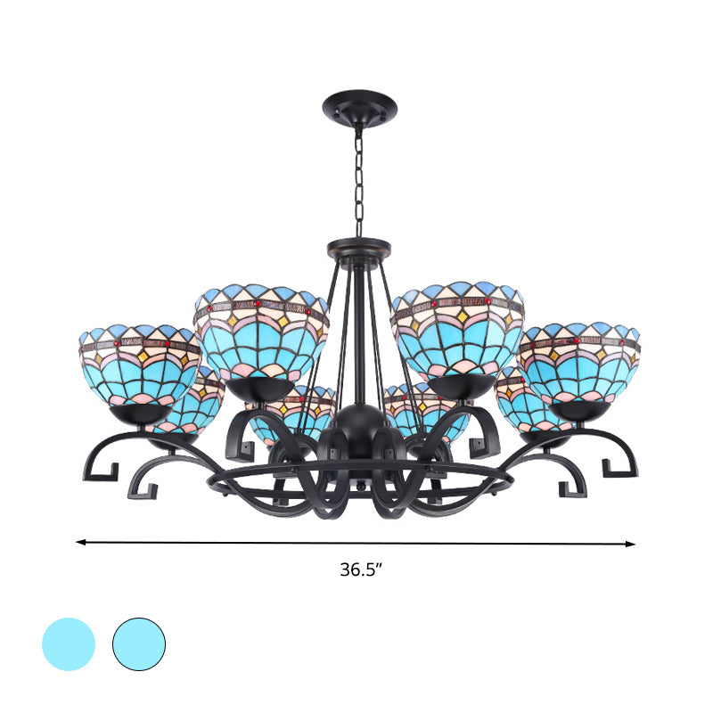 Dome Hanging Chandelier 3/6/8 Lights Blue/Blue and Clear Glass Baroque Ceiling Pendant for Living Room, 25"/29"/36.5" W Clearhalo 'Ceiling Lights' 'Chandeliers' 'Industrial' 'Middle Century Chandeliers' 'Tiffany Chandeliers' 'Tiffany close to ceiling' 'Tiffany' Lighting' 295984