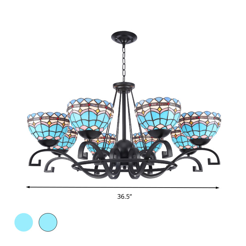 Dome Hanging Chandelier 3/6/8 Lights Blue/Blue and Clear Glass Baroque Ceiling Pendant for Living Room, 25"/29"/36.5" W Clearhalo 'Ceiling Lights' 'Chandeliers' 'Industrial' 'Middle Century Chandeliers' 'Tiffany Chandeliers' 'Tiffany close to ceiling' 'Tiffany' Lighting' 295984