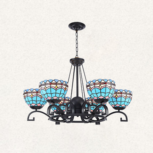 Dome Hanging Chandelier 3/6/8 Lights Blue/Blue and Clear Glass Baroque Ceiling Pendant for Living Room, 25"/29"/36.5" W Blue 29" Clearhalo 'Ceiling Lights' 'Chandeliers' 'Industrial' 'Middle Century Chandeliers' 'Tiffany Chandeliers' 'Tiffany close to ceiling' 'Tiffany' Lighting' 295987