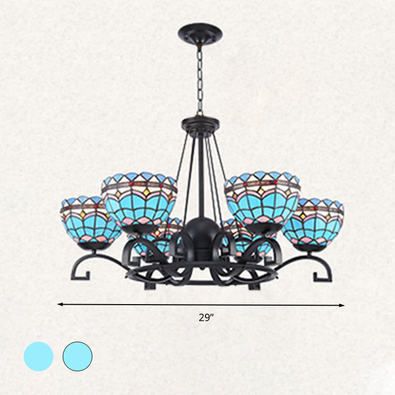 Dome Hanging Chandelier 3/6/8 Lights Blue/Blue and Clear Glass Baroque Ceiling Pendant for Living Room, 25"/29"/36.5" W Clearhalo 'Ceiling Lights' 'Chandeliers' 'Industrial' 'Middle Century Chandeliers' 'Tiffany Chandeliers' 'Tiffany close to ceiling' 'Tiffany' Lighting' 295988