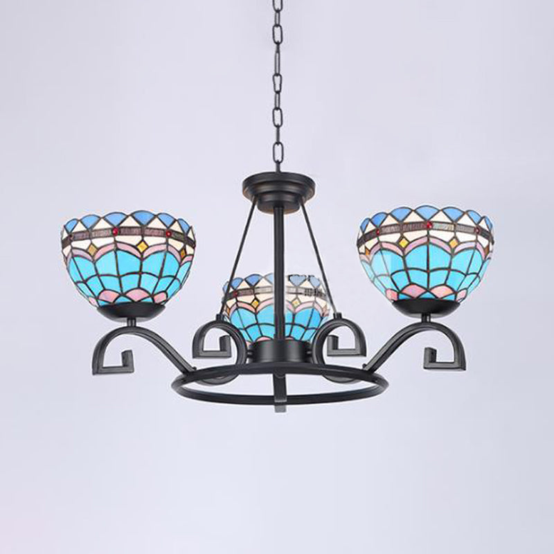 Dome Hanging Chandelier 3/6/8 Lights Blue/Blue and Clear Glass Baroque Ceiling Pendant for Living Room, 25"/29"/36.5" W Blue 25" Clearhalo 'Ceiling Lights' 'Chandeliers' 'Industrial' 'Middle Century Chandeliers' 'Tiffany Chandeliers' 'Tiffany close to ceiling' 'Tiffany' Lighting' 295989