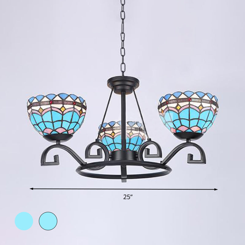 Dome Hanging Chandelier 3/6/8 Lights Blue/Blue and Clear Glass Baroque Ceiling Pendant for Living Room, 25"/29"/36.5" W Clearhalo 'Ceiling Lights' 'Chandeliers' 'Industrial' 'Middle Century Chandeliers' 'Tiffany Chandeliers' 'Tiffany close to ceiling' 'Tiffany' Lighting' 295990