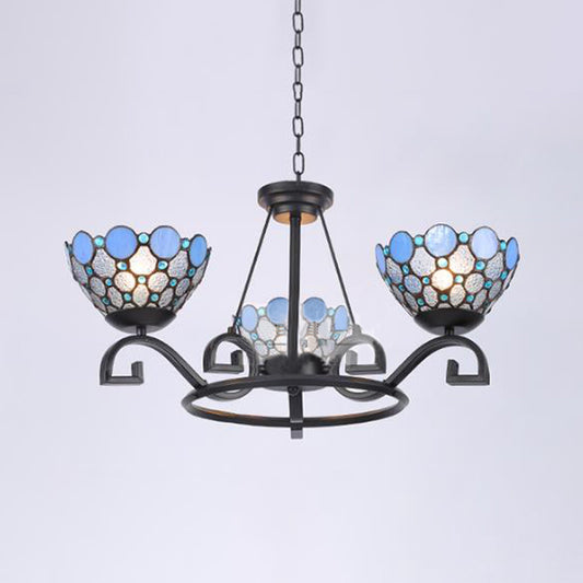 Dome Hanging Chandelier 3/6/8 Lights Blue/Blue and Clear Glass Baroque Ceiling Pendant for Living Room, 25"/29"/36.5" W Blue-Clear 25" Clearhalo 'Ceiling Lights' 'Chandeliers' 'Industrial' 'Middle Century Chandeliers' 'Tiffany Chandeliers' 'Tiffany close to ceiling' 'Tiffany' Lighting' 295991
