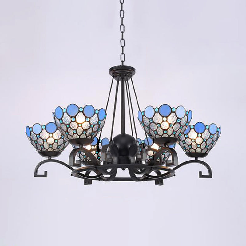 Dome Hanging Chandelier 3/6/8 Lights Blue/Blue and Clear Glass Baroque Ceiling Pendant for Living Room, 25"/29"/36.5" W Clearhalo 'Ceiling Lights' 'Chandeliers' 'Industrial' 'Middle Century Chandeliers' 'Tiffany Chandeliers' 'Tiffany close to ceiling' 'Tiffany' Lighting' 295993