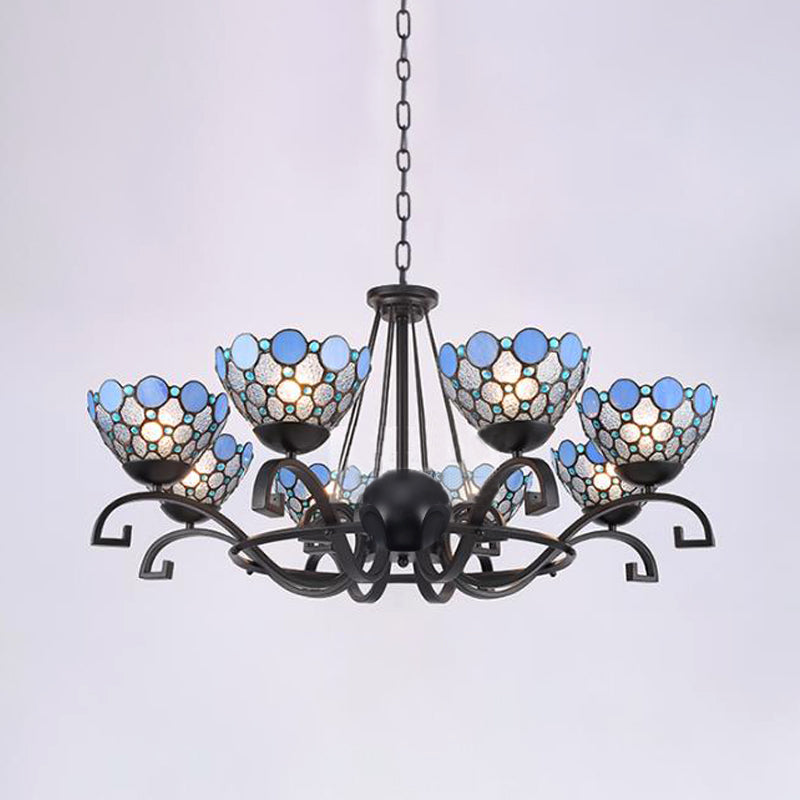 Dome Hanging Chandelier 3/6/8 Lights Blue/Blue and Clear Glass Baroque Ceiling Pendant for Living Room, 25"/29"/36.5" W Blue-Clear 36.5" Clearhalo 'Ceiling Lights' 'Chandeliers' 'Industrial' 'Middle Century Chandeliers' 'Tiffany Chandeliers' 'Tiffany close to ceiling' 'Tiffany' Lighting' 295994