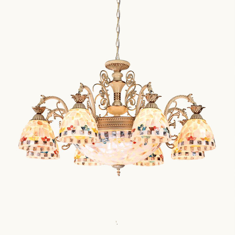 Stained Glass Mosaic Chandelier Lighting Fixture Tiffany 9/11 Lights White and Gold Hanging Lamp Kit Clearhalo 'Ceiling Lights' 'Chandeliers' 'Industrial' 'Middle Century Chandeliers' 'Tiffany Chandeliers' 'Tiffany close to ceiling' 'Tiffany' Lighting' 295996