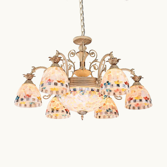 Stained Glass Mosaic Chandelier Lighting Fixture Tiffany 9/11 Lights White and Gold Hanging Lamp Kit Clearhalo 'Ceiling Lights' 'Chandeliers' 'Industrial' 'Middle Century Chandeliers' 'Tiffany Chandeliers' 'Tiffany close to ceiling' 'Tiffany' Lighting' 295999