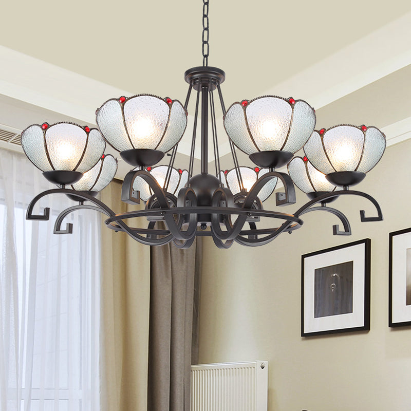 Tiffany Gem/Pearl/Magnolia Chandelier Light 3/6/8 Lights Frosted Glass Suspension Lighting Fixture in Black, 25"/29"/36.5" W Black 36.5" Gem Clearhalo 'Ceiling Lights' 'Chandeliers' 'Industrial' 'Middle Century Chandeliers' 'Tiffany Chandeliers' 'Tiffany close to ceiling' 'Tiffany' Lighting' 296004