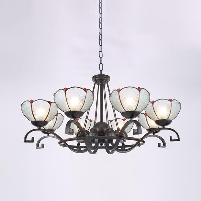 Tiffany Gem/Pearl/Magnolia Chandelier Light 3/6/8 Lights Frosted Glass Suspension Lighting Fixture in Black, 25"/29"/36.5" W Clearhalo 'Ceiling Lights' 'Chandeliers' 'Industrial' 'Middle Century Chandeliers' 'Tiffany Chandeliers' 'Tiffany close to ceiling' 'Tiffany' Lighting' 296005