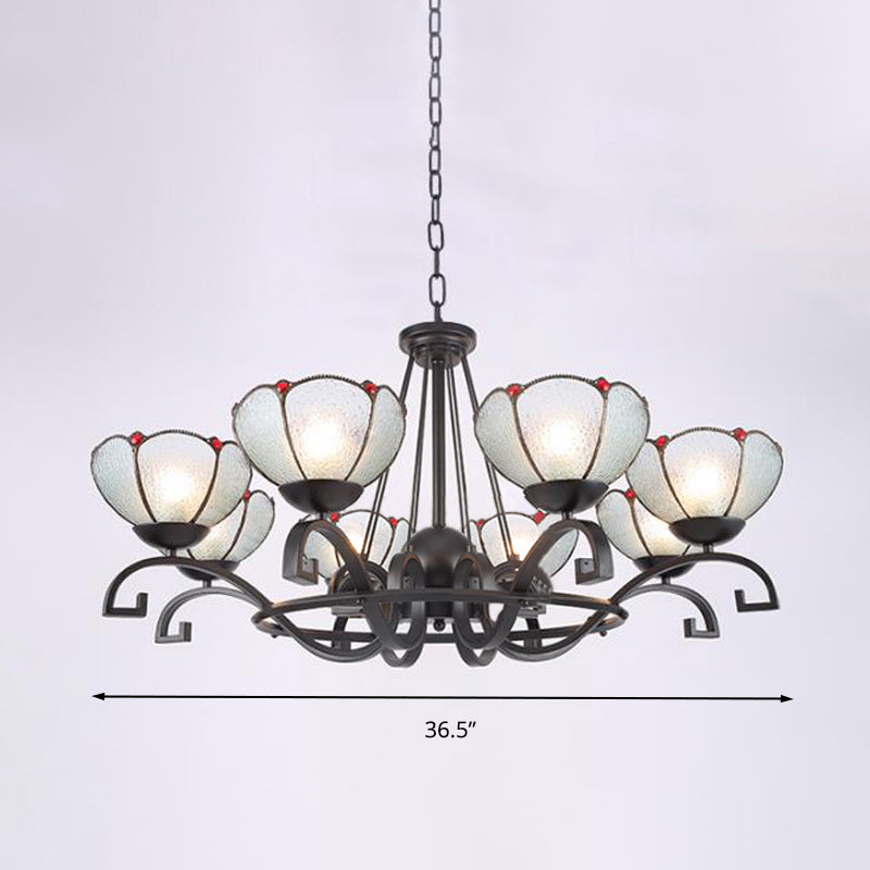 Tiffany Gem/Pearl/Magnolia Chandelier Light 3/6/8 Lights Frosted Glass Suspension Lighting Fixture in Black, 25"/29"/36.5" W Clearhalo 'Ceiling Lights' 'Chandeliers' 'Industrial' 'Middle Century Chandeliers' 'Tiffany Chandeliers' 'Tiffany close to ceiling' 'Tiffany' Lighting' 296006