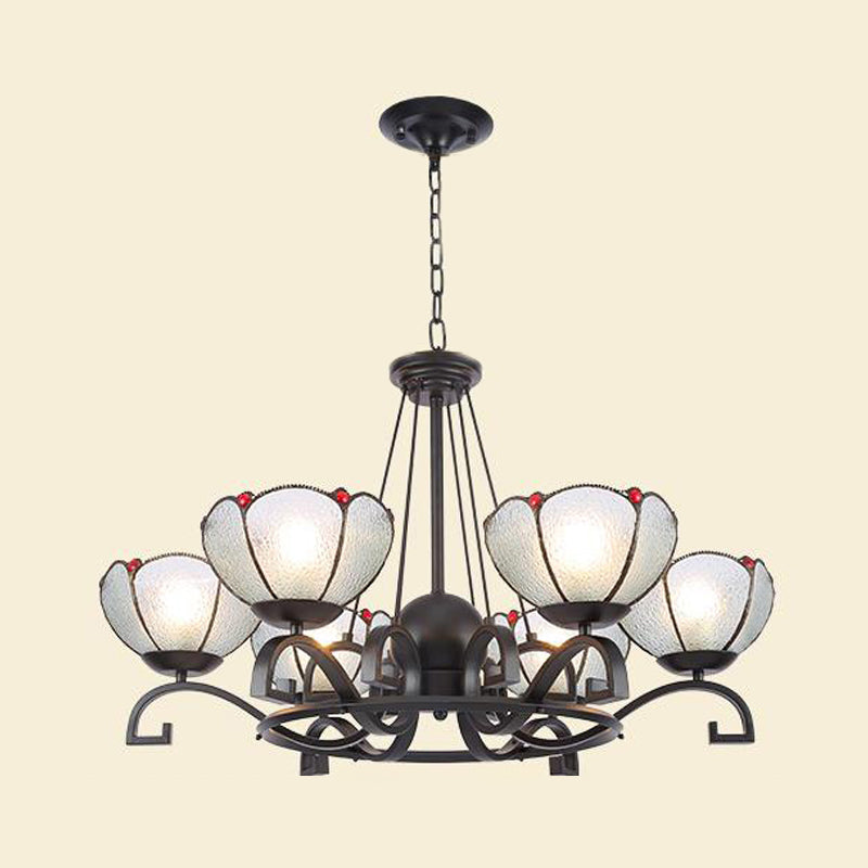 Tiffany Gem/Pearl/Magnolia Chandelier Light 3/6/8 Lights Frosted Glass Suspension Lighting Fixture in Black, 25"/29"/36.5" W Black 29" Gem Clearhalo 'Ceiling Lights' 'Chandeliers' 'Industrial' 'Middle Century Chandeliers' 'Tiffany Chandeliers' 'Tiffany close to ceiling' 'Tiffany' Lighting' 296009