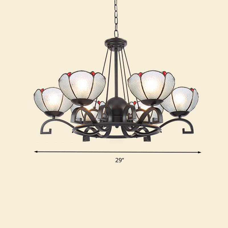 Tiffany Gem/Pearl/Magnolia Chandelier Light 3/6/8 Lights Frosted Glass Suspension Lighting Fixture in Black, 25"/29"/36.5" W Clearhalo 'Ceiling Lights' 'Chandeliers' 'Industrial' 'Middle Century Chandeliers' 'Tiffany Chandeliers' 'Tiffany close to ceiling' 'Tiffany' Lighting' 296010