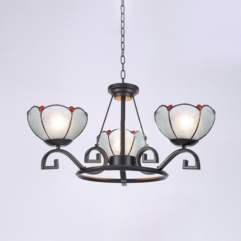 Tiffany Gem/Pearl/Magnolia Chandelier Light 3/6/8 Lights Frosted Glass Suspension Lighting Fixture in Black, 25"/29"/36.5" W Black 25" Gem Clearhalo 'Ceiling Lights' 'Chandeliers' 'Industrial' 'Middle Century Chandeliers' 'Tiffany Chandeliers' 'Tiffany close to ceiling' 'Tiffany' Lighting' 296011