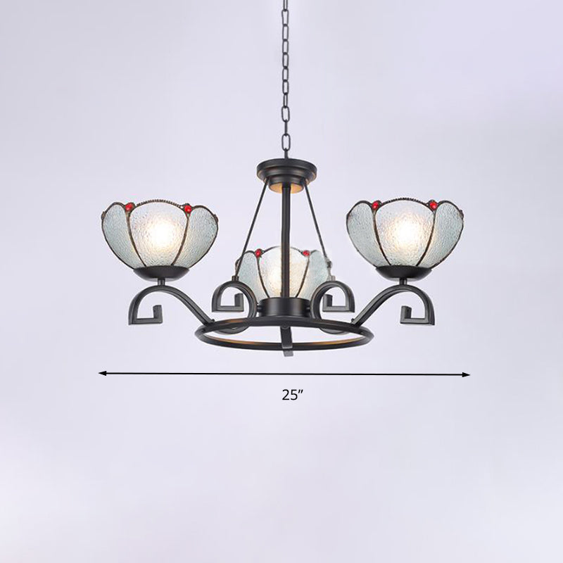 Tiffany Gem/Pearl/Magnolia Chandelier Light 3/6/8 Lights Frosted Glass Suspension Lighting Fixture in Black, 25"/29"/36.5" W Clearhalo 'Ceiling Lights' 'Chandeliers' 'Industrial' 'Middle Century Chandeliers' 'Tiffany Chandeliers' 'Tiffany close to ceiling' 'Tiffany' Lighting' 296012