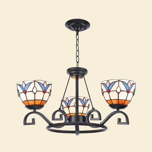Tiffany Gem/Pearl/Magnolia Chandelier Light 3/6/8 Lights Frosted Glass Suspension Lighting Fixture in Black, 25"/29"/36.5" W Black 25" Magnolia Clearhalo 'Ceiling Lights' 'Chandeliers' 'Industrial' 'Middle Century Chandeliers' 'Tiffany Chandeliers' 'Tiffany close to ceiling' 'Tiffany' Lighting' 296013