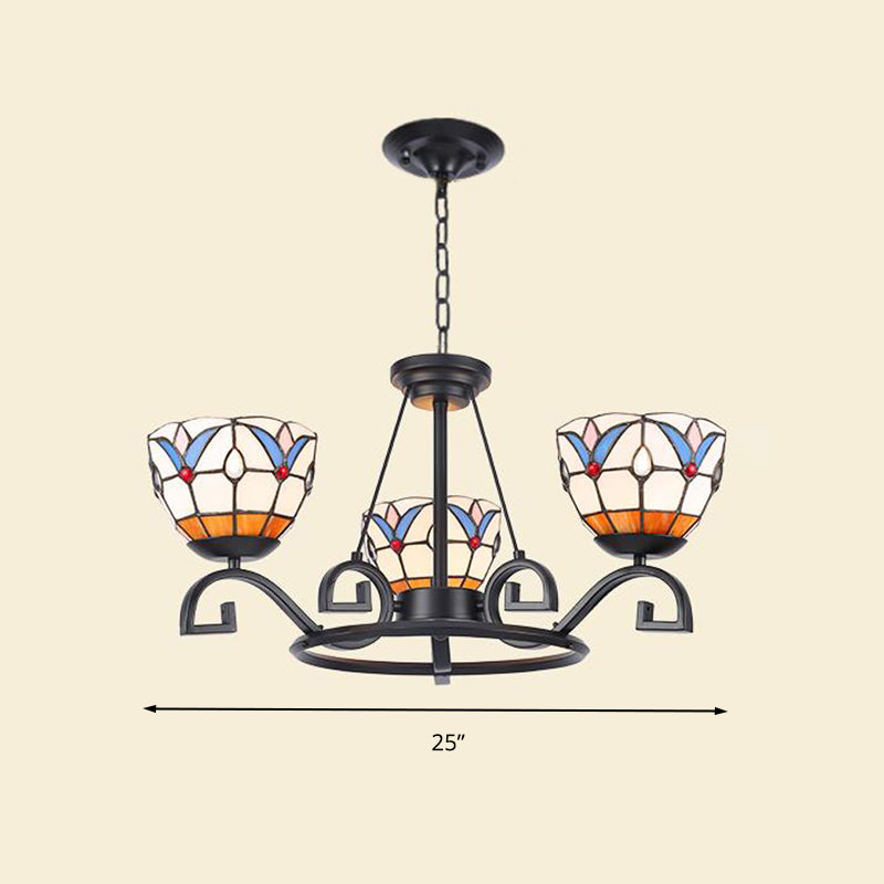 Tiffany Gem/Pearl/Magnolia Chandelier Light 3/6/8 Lights Frosted Glass Suspension Lighting Fixture in Black, 25"/29"/36.5" W Clearhalo 'Ceiling Lights' 'Chandeliers' 'Industrial' 'Middle Century Chandeliers' 'Tiffany Chandeliers' 'Tiffany close to ceiling' 'Tiffany' Lighting' 296014
