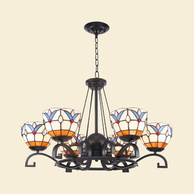 Tiffany Gem/Pearl/Magnolia Chandelier Light 3/6/8 Lights Frosted Glass Suspension Lighting Fixture in Black, 25"/29"/36.5" W Black 29" Magnolia Clearhalo 'Ceiling Lights' 'Chandeliers' 'Industrial' 'Middle Century Chandeliers' 'Tiffany Chandeliers' 'Tiffany close to ceiling' 'Tiffany' Lighting' 296015