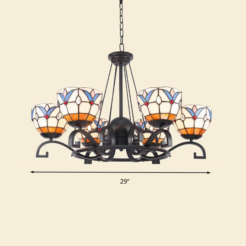Tiffany Gem/Pearl/Magnolia Chandelier Light 3/6/8 Lights Frosted Glass Suspension Lighting Fixture in Black, 25"/29"/36.5" W Clearhalo 'Ceiling Lights' 'Chandeliers' 'Industrial' 'Middle Century Chandeliers' 'Tiffany Chandeliers' 'Tiffany close to ceiling' 'Tiffany' Lighting' 296016