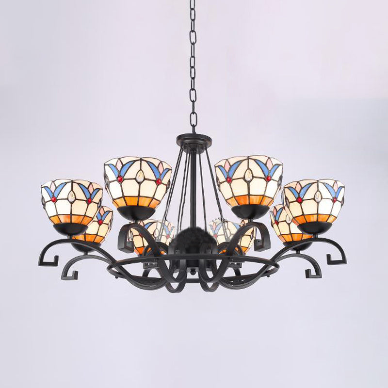 Tiffany Gem/Pearl/Magnolia Chandelier Light 3/6/8 Lights Frosted Glass Suspension Lighting Fixture in Black, 25"/29"/36.5" W Black 36.5" Magnolia Clearhalo 'Ceiling Lights' 'Chandeliers' 'Industrial' 'Middle Century Chandeliers' 'Tiffany Chandeliers' 'Tiffany close to ceiling' 'Tiffany' Lighting' 296017