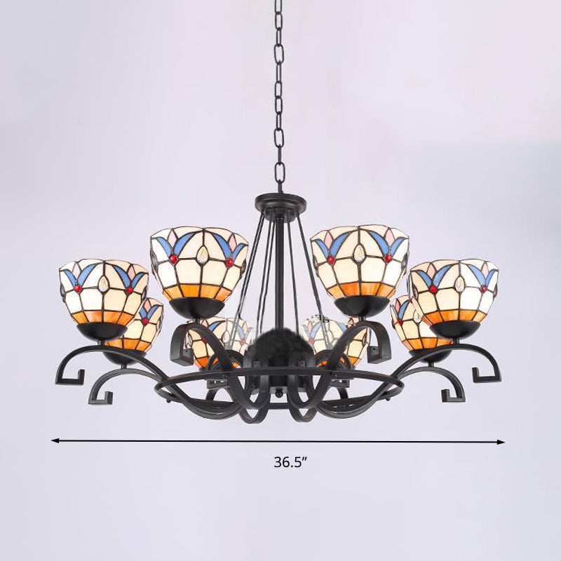 Tiffany Gem/Pearl/Magnolia Chandelier Light 3/6/8 Lights Frosted Glass Suspension Lighting Fixture in Black, 25"/29"/36.5" W Clearhalo 'Ceiling Lights' 'Chandeliers' 'Industrial' 'Middle Century Chandeliers' 'Tiffany Chandeliers' 'Tiffany close to ceiling' 'Tiffany' Lighting' 296018