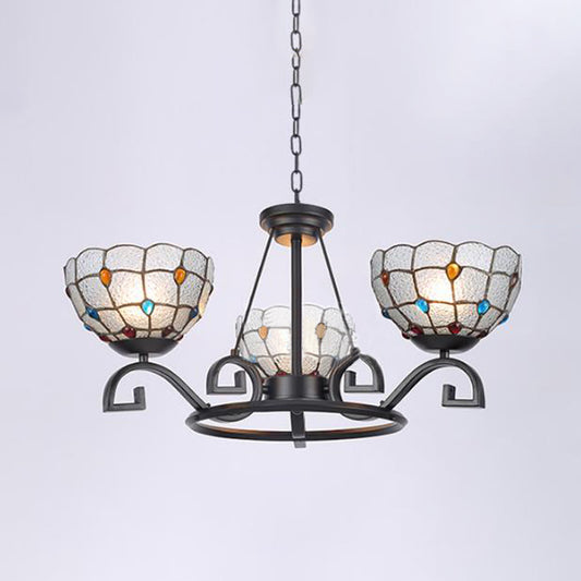 Tiffany Gem/Pearl/Magnolia Chandelier Light 3/6/8 Lights Frosted Glass Suspension Lighting Fixture in Black, 25"/29"/36.5" W Black 25" Pearl Clearhalo 'Ceiling Lights' 'Chandeliers' 'Industrial' 'Middle Century Chandeliers' 'Tiffany Chandeliers' 'Tiffany close to ceiling' 'Tiffany' Lighting' 296019