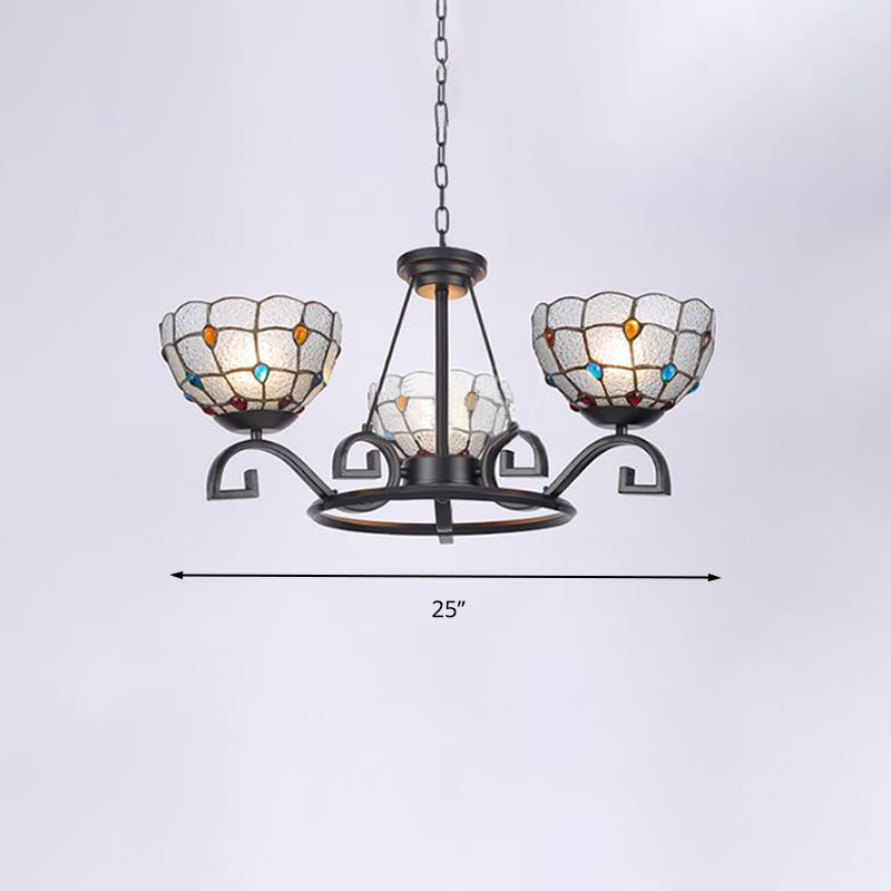 Tiffany Gem/Pearl/Magnolia Chandelier Light 3/6/8 Lights Frosted Glass Suspension Lighting Fixture in Black, 25"/29"/36.5" W Clearhalo 'Ceiling Lights' 'Chandeliers' 'Industrial' 'Middle Century Chandeliers' 'Tiffany Chandeliers' 'Tiffany close to ceiling' 'Tiffany' Lighting' 296020