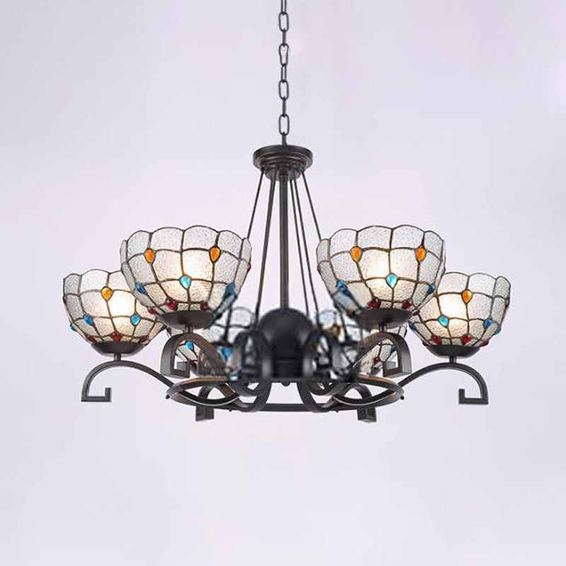 Tiffany Gem/Pearl/Magnolia Chandelier Light 3/6/8 Lights Frosted Glass Suspension Lighting Fixture in Black, 25"/29"/36.5" W Black 29" Pearl Clearhalo 'Ceiling Lights' 'Chandeliers' 'Industrial' 'Middle Century Chandeliers' 'Tiffany Chandeliers' 'Tiffany close to ceiling' 'Tiffany' Lighting' 296021