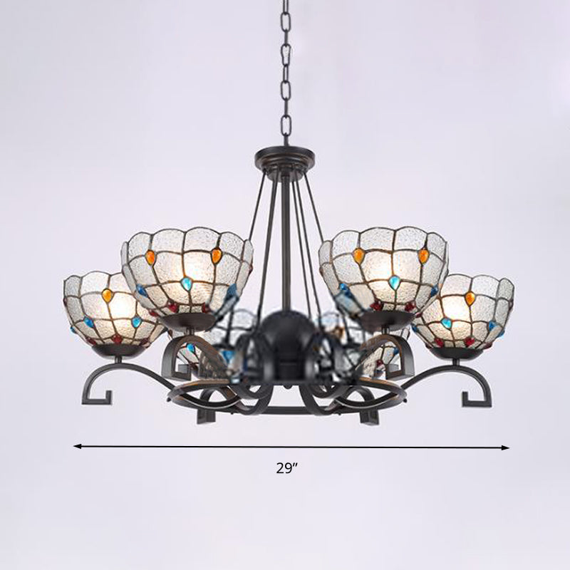 Tiffany Gem/Pearl/Magnolia Chandelier Light 3/6/8 Lights Frosted Glass Suspension Lighting Fixture in Black, 25"/29"/36.5" W Clearhalo 'Ceiling Lights' 'Chandeliers' 'Industrial' 'Middle Century Chandeliers' 'Tiffany Chandeliers' 'Tiffany close to ceiling' 'Tiffany' Lighting' 296022