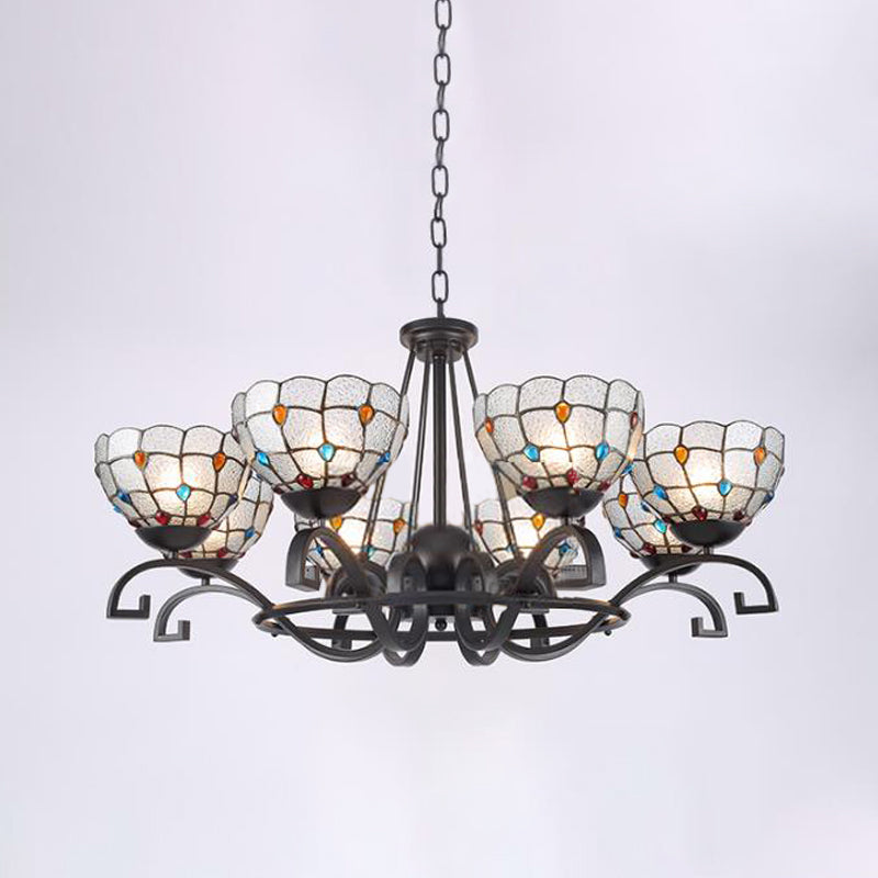 Tiffany Gem/Pearl/Magnolia Chandelier Light 3/6/8 Lights Frosted Glass Suspension Lighting Fixture in Black, 25"/29"/36.5" W Black 36.5" Pearl Clearhalo 'Ceiling Lights' 'Chandeliers' 'Industrial' 'Middle Century Chandeliers' 'Tiffany Chandeliers' 'Tiffany close to ceiling' 'Tiffany' Lighting' 296023
