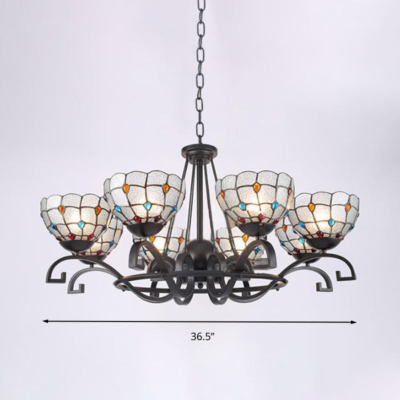 Tiffany Gem/Pearl/Magnolia Chandelier Light 3/6/8 Lights Frosted Glass Suspension Lighting Fixture in Black, 25"/29"/36.5" W Clearhalo 'Ceiling Lights' 'Chandeliers' 'Industrial' 'Middle Century Chandeliers' 'Tiffany Chandeliers' 'Tiffany close to ceiling' 'Tiffany' Lighting' 296024