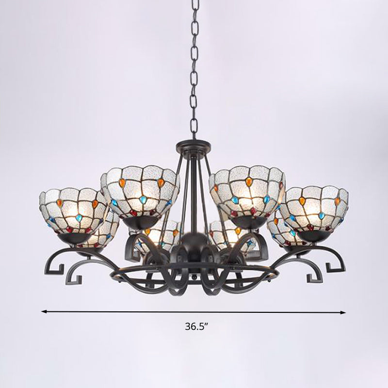 Tiffany Gem/Pearl/Magnolia Chandelier Light 3/6/8 Lights Frosted Glass Suspension Lighting Fixture in Black, 25"/29"/36.5" W Clearhalo 'Ceiling Lights' 'Chandeliers' 'Industrial' 'Middle Century Chandeliers' 'Tiffany Chandeliers' 'Tiffany close to ceiling' 'Tiffany' Lighting' 296024