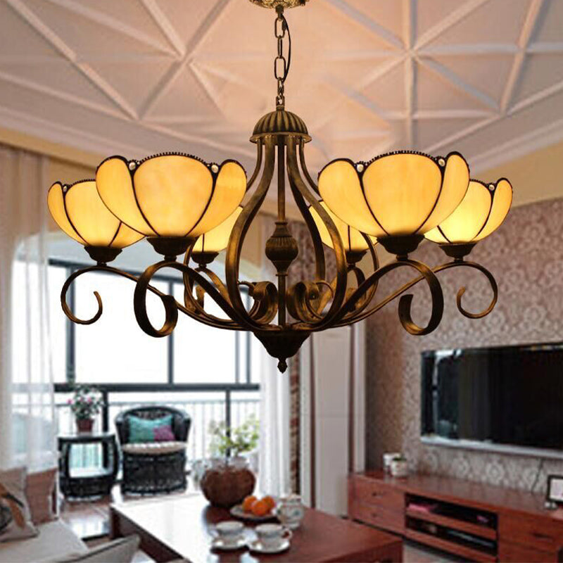 Yellow/Blue Scalloped Chandelier Lamp Tiffany 3/6/8 Lights Stained Glass Hanging Light Fixture 6 Yellow Clearhalo 'Ceiling Lights' 'Chandeliers' 'Industrial' 'Middle Century Chandeliers' 'Tiffany Chandeliers' 'Tiffany close to ceiling' 'Tiffany' Lighting' 296030