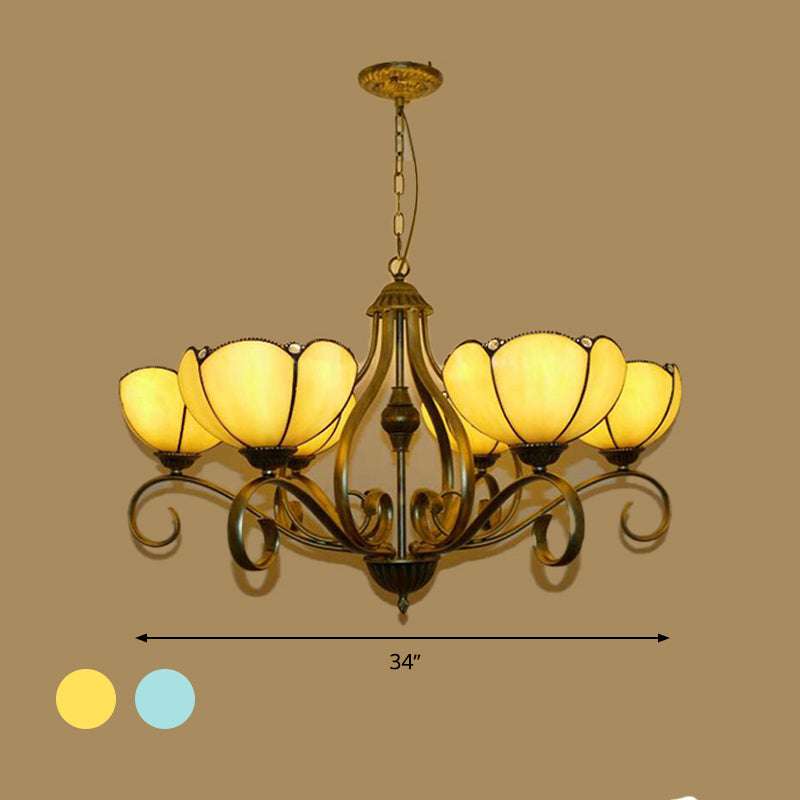 Yellow/Blue Scalloped Chandelier Lamp Tiffany 3/6/8 Lights Stained Glass Hanging Light Fixture Clearhalo 'Ceiling Lights' 'Chandeliers' 'Industrial' 'Middle Century Chandeliers' 'Tiffany Chandeliers' 'Tiffany close to ceiling' 'Tiffany' Lighting' 296032