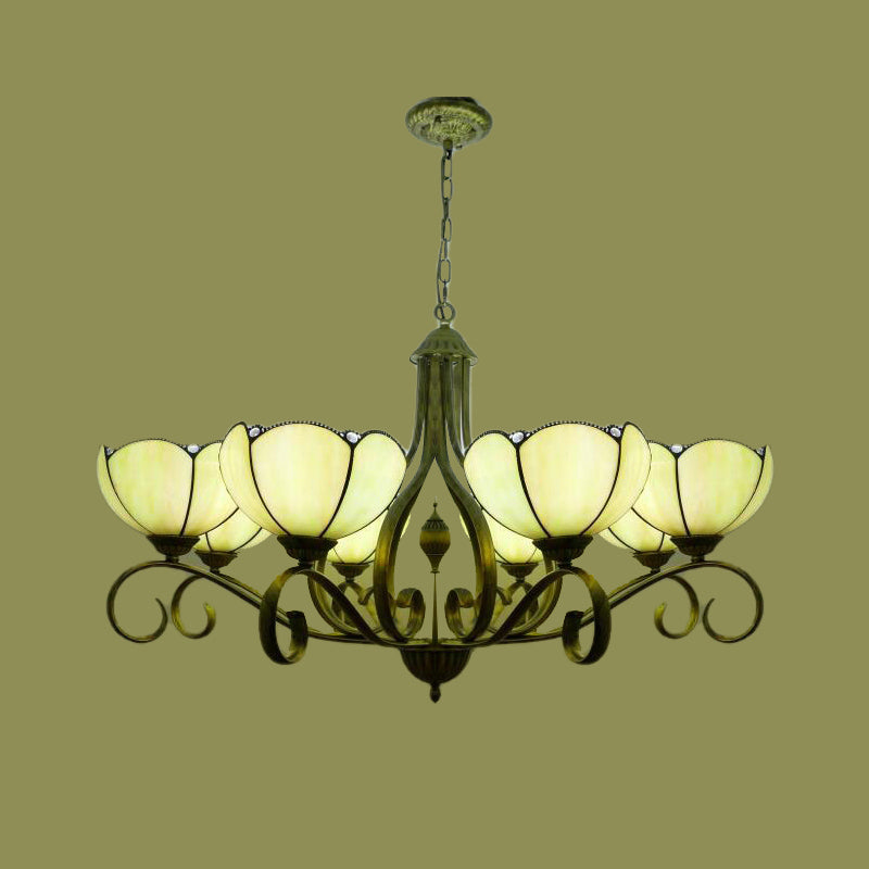 Yellow/Blue Scalloped Chandelier Lamp Tiffany 3/6/8 Lights Stained Glass Hanging Light Fixture 8 Yellow Clearhalo 'Ceiling Lights' 'Chandeliers' 'Industrial' 'Middle Century Chandeliers' 'Tiffany Chandeliers' 'Tiffany close to ceiling' 'Tiffany' Lighting' 296033