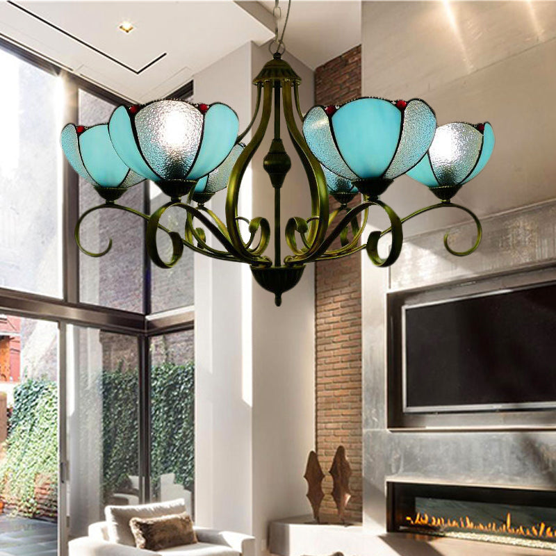 Yellow/Blue Scalloped Chandelier Lamp Tiffany 3/6/8 Lights Stained Glass Hanging Light Fixture 6 Blue Clearhalo 'Ceiling Lights' 'Chandeliers' 'Industrial' 'Middle Century Chandeliers' 'Tiffany Chandeliers' 'Tiffany close to ceiling' 'Tiffany' Lighting' 296037